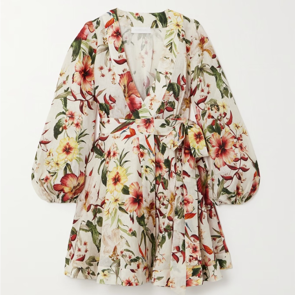 Zimmermann Lexi Wrap Short Dress Ivory Palm Floral Linen - Size 1 / US 2/4